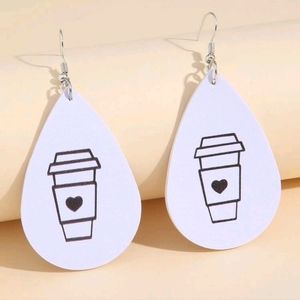NEW Coffee Cup Mug Heart Love Dangle Drop PU Faux Leather Teardrop